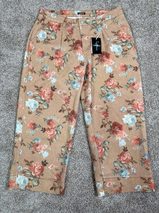 Flamingals Denim - Flamingals Floral Print Wide Leg High-Rise Denim Pants Cottagecore Fall Romantic